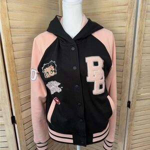 Betty Boop Varsity Letter Jacket with hood + back detail - Black and Pink